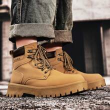 男士复古黄色系带高帮靴，复古英伦风格防滑靴，短款皮靴，适合户外、秋冬 - 黃色 - 查看 3