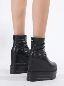 Autumn/Spring Thick Sole Fashionable Rouched Pull-On Ankle Boots With High Platform, Model Stage Wear - Black - View 6