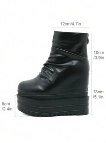Autumn/Spring Thick Sole Fashionable Rouched Pull-On Ankle Boots With High Platform, Model Stage Wear - Black - View 8