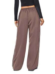 Women Loose Cargo Pants Casual Solid Color Elastic Waist Wide Leg Joggers Trousers With Pockets For Streetwear - Brown - View 2