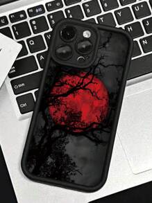 1pc Black Thick Shockproof, Anti-Fall, Anti-Fingerprint Full Protective Phone Case With Red Crescent Moon Pattern, Compatible With Iphone