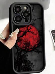 1pc Black Thick Shockproof, Anti-Fall, Anti-Fingerprint Full Protective Phone Case With Red Crescent Moon Pattern, Compatible With Iphone