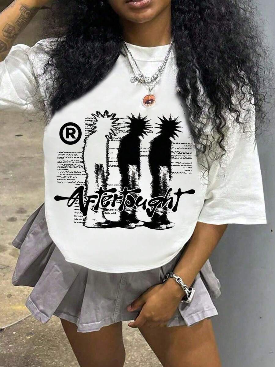 Retro Hip-Hop Portrait Print Short Sleeve Round Neck T-Shirt For Women Casual Vacation White - White - View 1