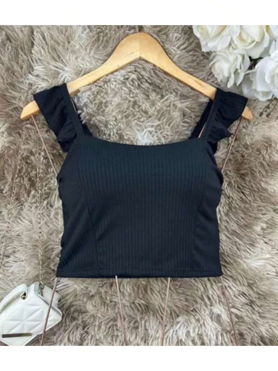 Cropped Top Women's Straps Ruffle Ribbed Tank Top Fashion Blogger Gringa Fashion Modern Casual Christmas New Year Parties New Year's Eve Summer Fashion 2025 New Carnival Night Clubs Parties Casual Celebrations Occasions Events Night Everyday - màu đen - Xem 1