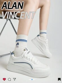 Alan Vincent 2025 Spring New Shoes For Women White Shoes Low Top Lace-Up Sneakers Comfortable Sport Shoes Ladies Flat Shoes Versatile For Shopping White And Blue Color Matching - Blue - View 3