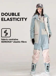 VECTOR MOTION 滑雪服套装，带撞色连帽滑雪夹克和抽绳裤，男女通用，加垫、防风、防水、保暖、耐用、透气、有弹性、轻质羊毛，适合单板和双板滑雪 - 藍白色 - 查看 1