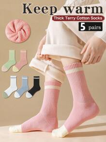 5 双女士条纹厚中筒袜，适合秋冬季，保暖毛巾袜，防臭，透气袜子，学院风运动长袜，纯色，百搭，可搭配打底裤 - 彩色 - 查看 2