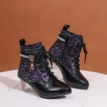 Fashionable Women's Shiny Patent Leather Mixed With Matte & Glitter Crystal Heel Boots, Versatile & Attractive - Black - View 5