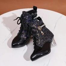 Fashionable Women's Shiny Patent Leather Mixed With Matte & Glitter Crystal Heel Boots, Versatile & Attractive - Black - View 4
