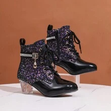 Fashionable Women's Shiny Patent Leather Mixed With Matte & Glitter Crystal Heel Boots, Versatile & Attractive - Black - View 6