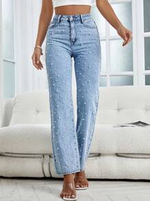 Street Women's Beaded Craft Slim Denim Straight Leg Pants.(Small Fit. Order One Size Up For Comfort.) - Rửa nhẹ - Xem 3