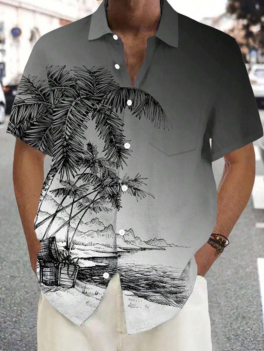 复古植物树叶风景渐变色 3D 数码印花男式纽扣口袋夏威夷衬衫,夏季 - 灰色 - 查看 1