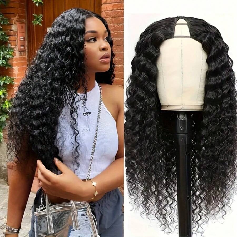 Deep Wave V Part Wig 100% Human Hair No Leave Out Upgrade U Part Human Hair Wig For Women 150% & 180% Density Deep Wave V Part Wigs No Glue No Sew Clip In Half Wig V Shape Wigs Natural Black