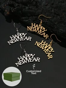 1 Pair Of Fashionable Pendant Earrings, Personalized Name Text, Two Layered Custom Text, 18k Gold Stainless Steel Custom Jewelry, Including Exquisite Gift Box Set, To Be Given As A Daily Gift