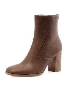 Women's Simple Elegant Smooth Ankle Boots With Square Toe & Stack Heel Half Side Zip Perfect For Offices, Dates, Vacations And Daily Wear - Brown - View 2