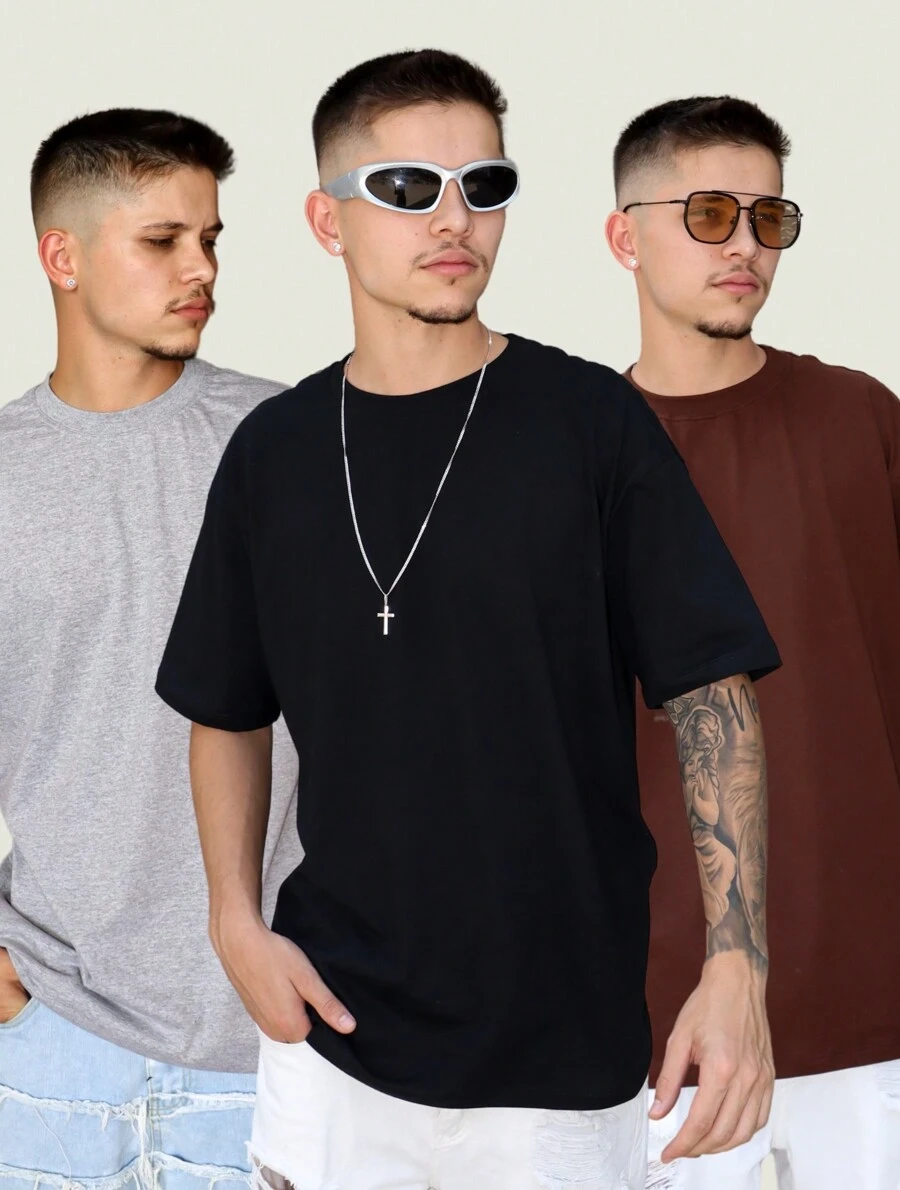 Men T-Shirts - 棕色,灰色和黑色 - 查看 1