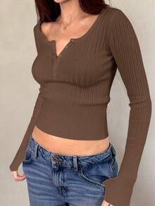 Sedessea Mystra Women Casual Button Up Ribbed Slim Fit Long Sleeve Sweater , T-Shirt Suitable For Summer And Autumn/Winter Seasons - Brown - View 2