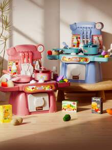 1 套逼真的迷你厨房烹饪假装玩具，无声炉灶，带火焰效果，模拟煤气炉，用于煮汤和煎炸，可按压水龙头，带真水，假蔬菜和厨具，适合父母和孩子互动，提高动手能力，高度逼真，随机配件