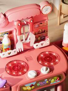 1 套逼真的迷你厨房烹饪假装玩具，无声炉灶，带火焰效果，模拟煤气炉，用于煮汤和煎炸，可按压水龙头，带真水，假蔬菜和厨具，适合父母和孩子互动，提高动手能力，高度逼真，随机配件