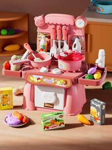 1 套逼真的迷你厨房烹饪假装玩具，无声炉灶，带火焰效果，模拟煤气炉，用于煮汤和煎炸，可按压水龙头，带真水，假蔬菜和厨具，适合父母和孩子互动，提高动手能力，高度逼真，随机配件