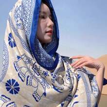 Top Scarf Shawl Large Beach Sunscreen Scarf 186*88cm - Xanh đậm - Xem 3