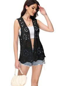 Crochet Vest Sleeveless Boho Lace Cardigan Stylish And Cute Cover Up - màu đen - Xem 3