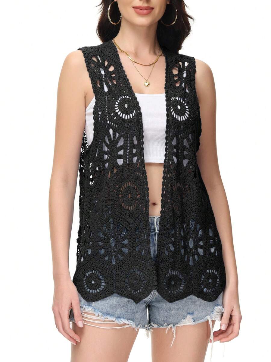 Crochet Vest Sleeveless Boho Lace Cardigan Stylish And Cute Cover Up - màu đen - Xem 1