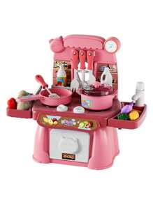 1 套逼真的迷你厨房烹饪假装玩具，无声炉灶，带火焰效果，模拟煤气炉，用于煮汤和煎炸，可按压水龙头，带真水，假蔬菜和厨具，适合父母和孩子互动，提高动手能力，高度逼真，随机配件