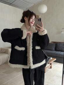 Chaqueta casual y versátil de manga larga con diseño de peluche cálido - Negro - Ver 1