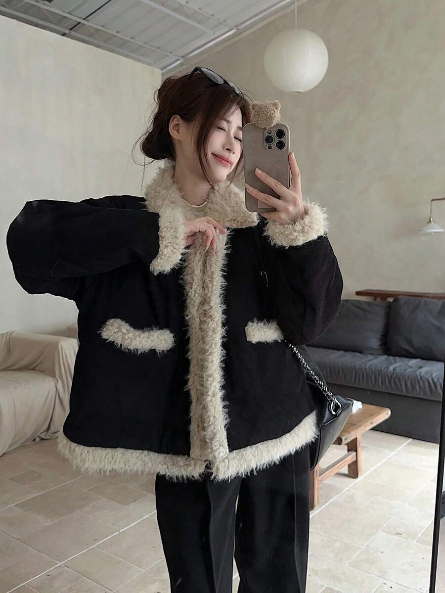 Chaqueta casual y versátil de manga larga con diseño de peluche cálido - Negro - Ver 1