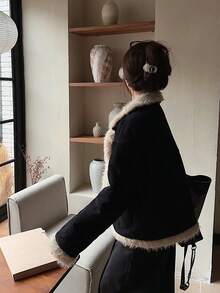 Chaqueta casual y versátil de manga larga con diseño de peluche cálido - Negro - Ver 2