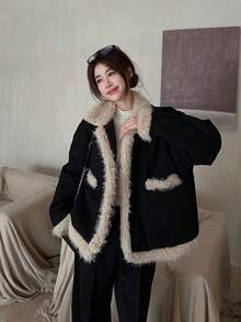 Chaqueta casual y versátil de manga larga con diseño de peluche cálido - Negro - Ver 4