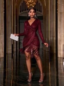 Faeriesty Fringed Trim Sequin Cocktail Party Dress, Wedding Guest Dress - Burgundy - View 7