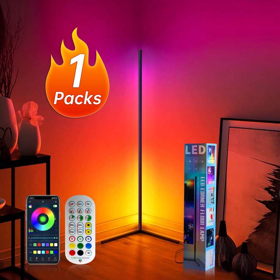 Floor Atmosphere Light/Floor Lamp RGBIC,  Black  ,1/2piece With APP  Remote Control LED Corner Light Music Synchronous Color Change Intelligent Floor Light 16 Million DIY Colors For Bedroom Living Room Study USB Power Supply - 多色 - 查看 1