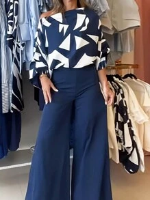 Women 2 Pieces Elegant Printed Blouse And Wide Leg Pants Vacation Outfits - Blue and White - View 1