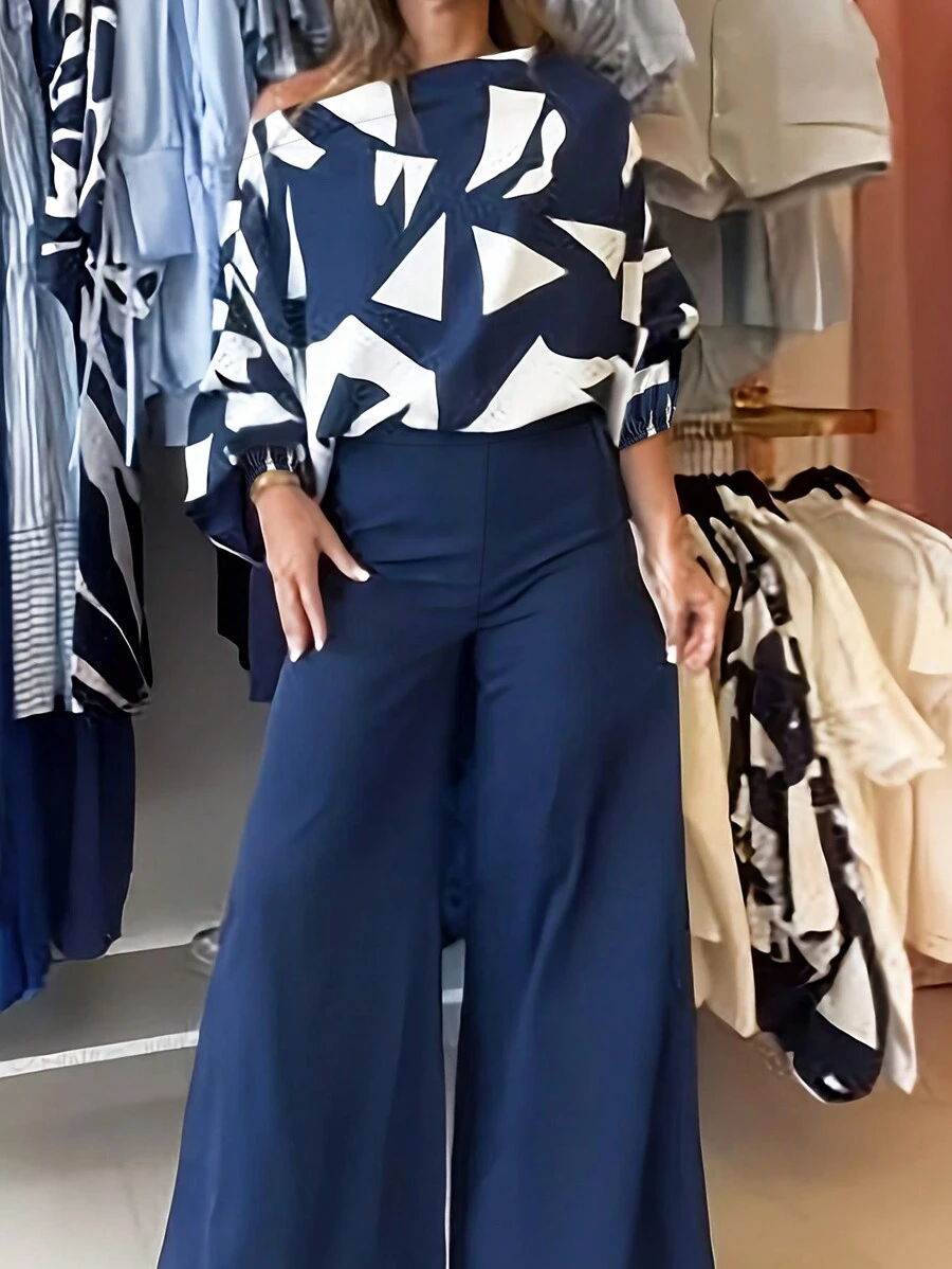Women 2 Pieces Elegant Printed Blouse And Wide Leg Pants Vacation Outfits - Blue and White - View 1