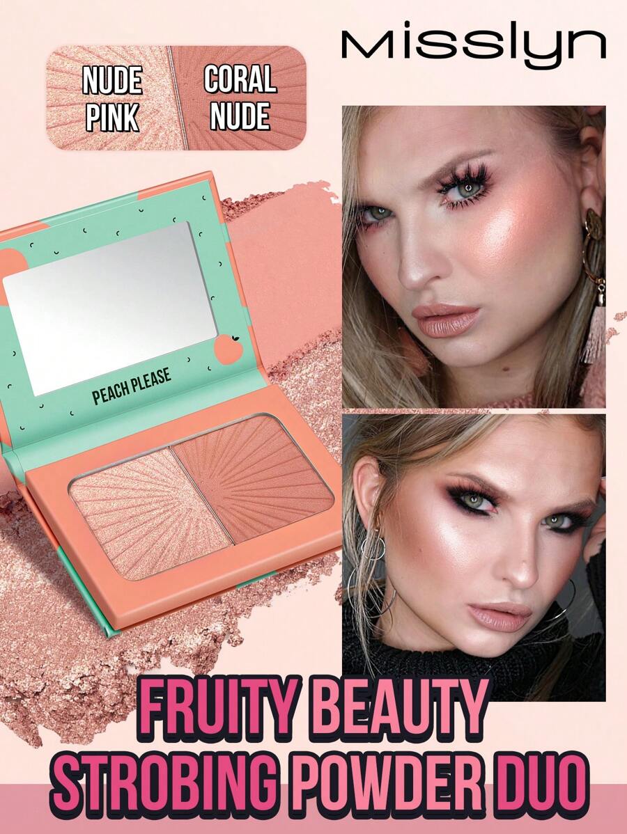 Misslyn 果香美妆高光腮红双色盘，粉状腮红兼高光，质地细腻，易于晕染，显色度高，丝滑柔润，自带镜子，持久妆效，轻盈透气，彩妆品牌，面部彩妆，适合女性和女孩使用。 - NUDE PINK+CORAL NUDE - 查看 1