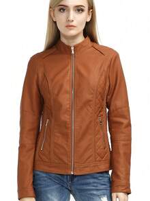 Women's PU Leather Jacket - Elegant Minimalist, With Belt, Pockets, Zipper, Suitable For Autumn, Winter, Spring - Brown - View 4
