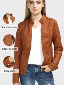 Women's PU Leather Jacket - Elegant Minimalist, With Belt, Pockets, Zipper, Suitable For Autumn, Winter, Spring - Brown - View 2