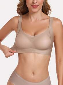 女士性感蕾丝无缝无钢圈文胸，舒适支撑背部日常内衣 - 咖啡棕 - 查看 2