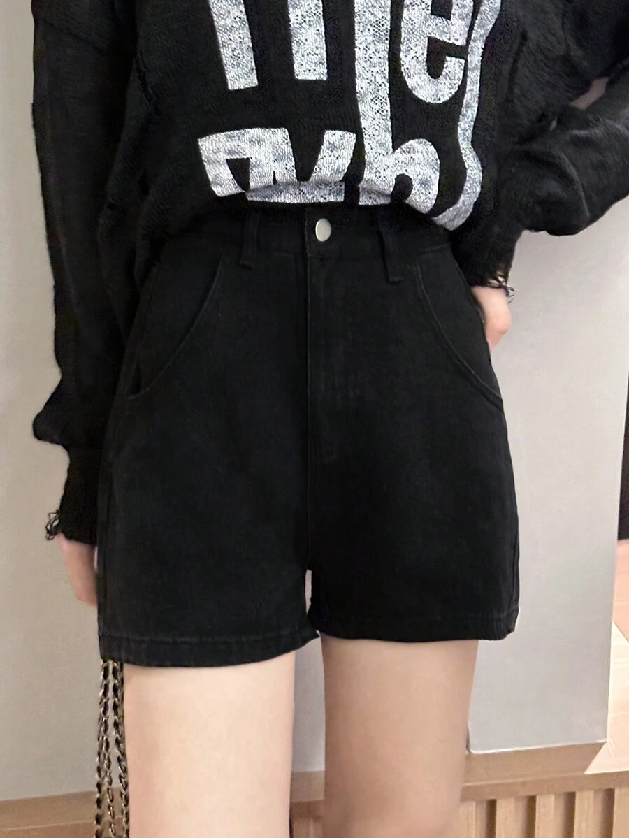 Summer Casual Versatile Solid Color Button Fly Slit Pocket Denim Shorts Black
