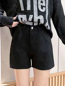 Summer Casual Versatile Solid Color Button Fly Slit Pocket Denim Shorts Black - Black - View 3