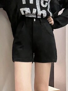 Summer Casual Versatile Solid Color Button Fly Slit Pocket Denim Shorts Black - Black - View 5