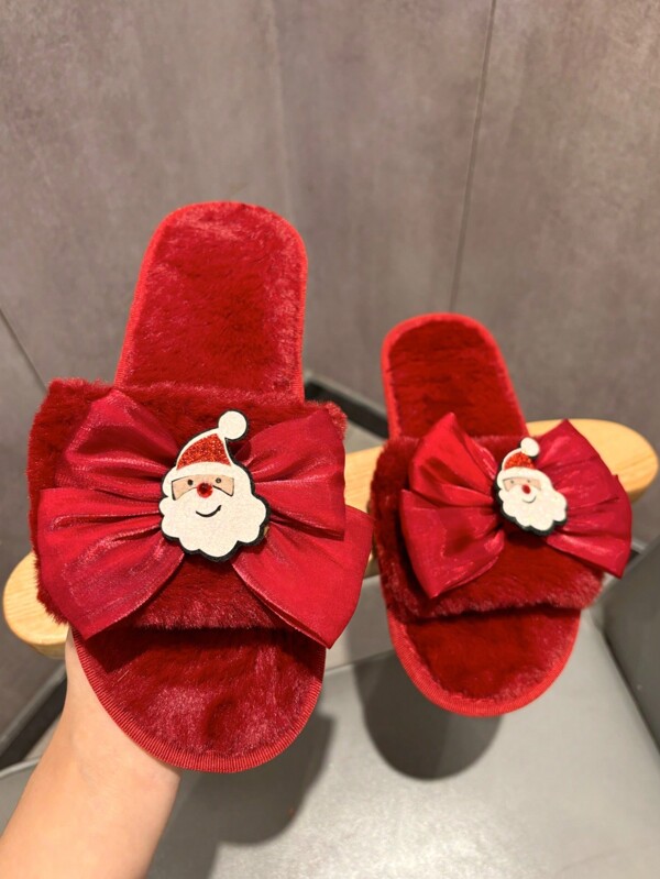 Women's Christmas Wine Red Shoes With Cute Red Bow, Fluffy Indoor Plush Slippers For Autumn/Winter, Comfortable Slip-On Soft Sole Elegant Santa Claus Cartoon Toe-Exposed Open Toe House Slippers