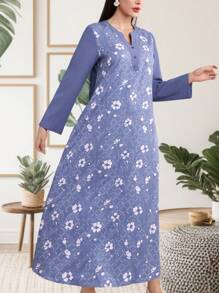 Spring & Winter Clothes New Long Sleeved Women's Small Floral Print Small Floral Print Ladies Loose A Line Maxi Dress Robe Pattern Splicing Solid Color Elegant Ladylike Dress - Blue - View 2