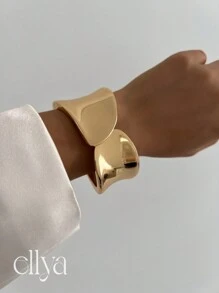1 件复古创意奢华多元素水钻金属心形装饰袖口手链，女士时尚优雅珍珠装饰厚珠宝弹簧手链，适合日常佩戴、派对、送给朋友和长辈的礼物、服装配饰 - 金黃色 - 查看 7