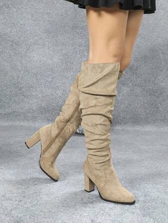 女士高跟圆头侧拉链小腿靴，厚跟弹力过膝高筒靴，适合 2024 年秋冬季