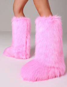 Winter Knee High Boots For Women Pull-On Faux Fur Boots Furry Fluffy Round Toe Fashion Boots Suede Comfy Plush Warm Knee High Boots Outdoor Indoor Flat Shoes Party Dressy Women Winter Boots - 粉色 - 查看 4