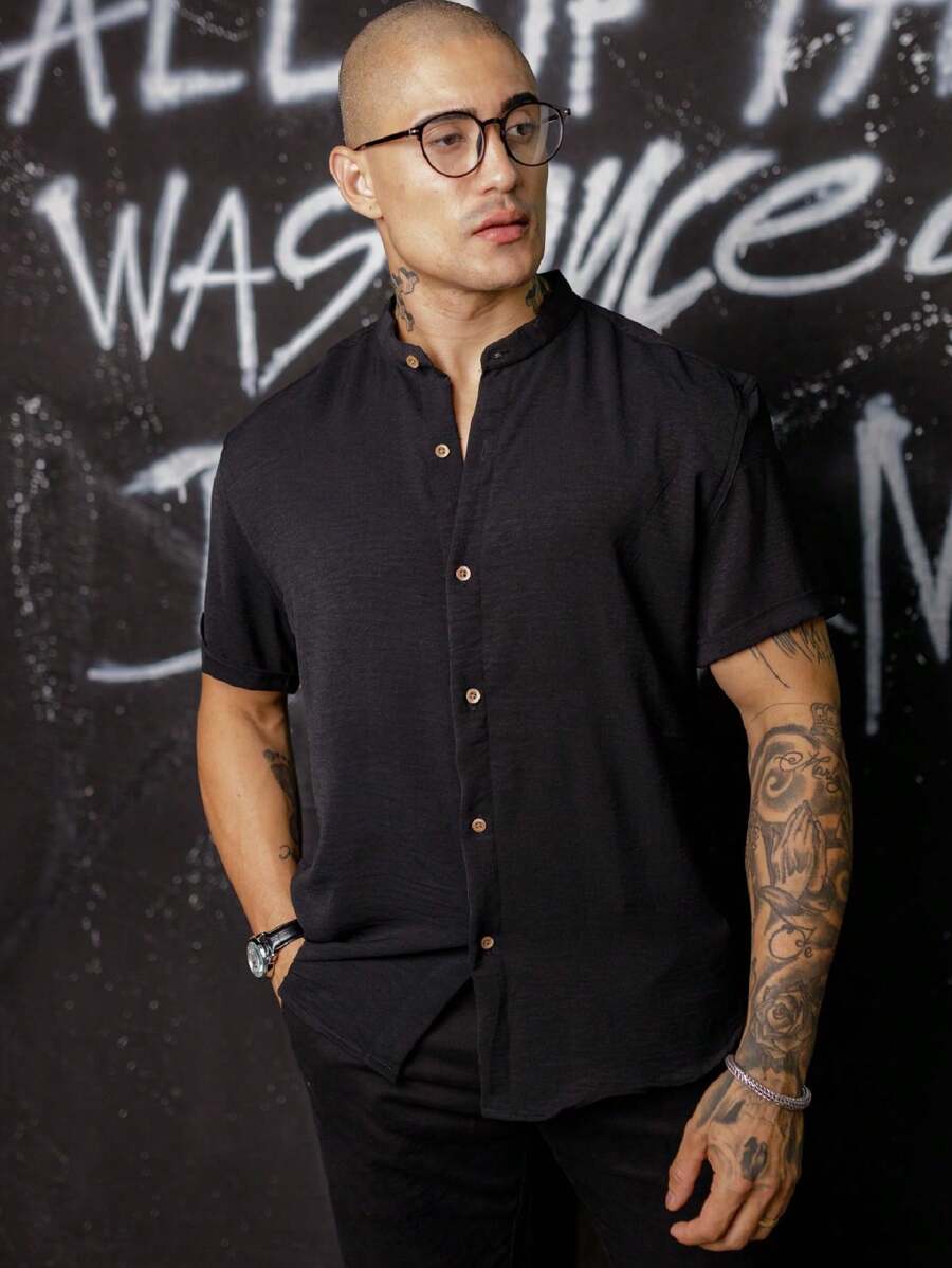 Men's Short Sleeve Dress Shirt With Priest Collar - Fresh Shirt - Comfortable - 黑色 - 查看 1