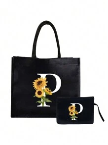Bolsa de lona negra, que incluye una bolsa con iniciales impresas de la A a la Z y una bolsa pequeña impresa, con estampado de girasoles y flores, letras, flores, paquete de regalo personalizado, bolsa de lona negra - Negro - Ver 22